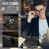 A collage of images showcasing a black phone case with a kickstand feature, alongside a man wearing glasses and a suit jacket. Produktbild-Vorschau