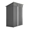 A gray metal garden shed with a sloped roof and a single door. Produktbild-Vorschau