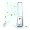 A bladeless tower fan is shown with green leaves and blue airflow graphics to illustrate its function. Voir les images du produit