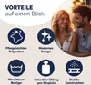A couple smiling at each other, with icons and text highlighting product features. Produktbild-Vorschau
