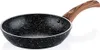 A frying pan with a speckled black interior and a wood-grain handle, isolated on a white background. Produktbild-Vorschau