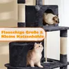 Two cats are on a multi-level cat tree with scratching posts and enclosed spaces. There is text overlaying the image. Produktbild-Vorschau