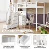 A loft bed with a desk and storage, shown with close-up views of its features. Produktbild-Vorschau
