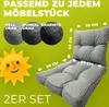 A close-up marketing image of a gray outdoor lounge cushion set, with text overlays indicating features and dimensions, and a cartoon sun graphic. Produktbild-Vorschau