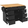 A black kitchen island with a wooden countertop, shown with drawers open and cabinet doors ajar. Produktbild-Vorschau