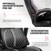 A split image showing a gaming chair with text overlays highlighting its features. Produktbild-Vorschau