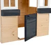Close-up view of a wooden playhouse with an open door and window boxes. Náhled obrázku produktu