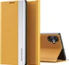 A yellow flip case for a smartphone is shown, with the phone partially visible in the background.