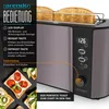 A close-up marketing image of a toaster with bread inside, featuring text overlays describing its functions and a small inset image of prepared toast. Produktbild-Vorschau