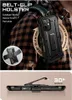 A person wearing a plaid shirt is shown with a phone case attached to their shoulder strap. Another image shows the phone case from the side with its kickstand extended. Produktbild-Vorschau