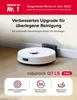 A white robot vacuum cleaner is shown on a wooden floor next to its charging dock, with marketing text and feature icons above. Produktbild-Vorschau
