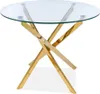 A round glass-top table with a gold metal base. Produktbild-Vorschau