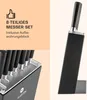 A split image showing a knife block with knives and marketing text on the left, and a close-up of a knife block with a knife on the right. Produktbild-Vorschau