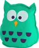 A teal owl-shaped pillow with embroidered eyes, beak, and feather details, set against a white background. Produktbild-Vorschau