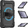 A collage of images showing a black tablet case from different angles, including a close-up of the back with a rotating hand strap and stand. Produktbild-Vorschau