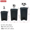 A size chart comparing three different sizes of black trash bins. Náhled obrázku produktu