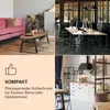 A collage of four images showing different living and working spaces, with text describing a compact refrigerator. Produktbild-Vorschau
