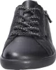 A close-up, front-facing view of a black leather sneaker. Produktbild-Vorschau