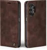 A brown leather flip case for a smartphone is shown from two angles. Produktbild-Vorschau