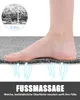 A person's foot is shown stepping onto a textured gray mat, with arrows indicating airflow beneath it. A close-up inset shows the mat's thickness. Produktbild-Vorschau
