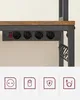 Close-up view of an under-desk power strip with multiple outlets and a switch, attached to a desk frame, with icons below. Náhled obrázku produktu