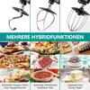 A collage of images showcasing different food items and kitchen mixer attachments, with a teal banner containing German text. Produktbild-Vorschau