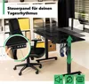A black adjustable standing desk with a chair in a home office setting. Produktbild-Vorschau