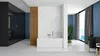A modern bathroom with a bathtub, shower enclosure, and large windows. Produktbild-Vorschau
