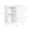 A white rolling cabinet with shelves and a door, shown with dimensions indicated by lines and text. Náhľad obrázku produktu