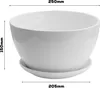 A white ceramic pot with a saucer, shown with dimensions indicated by text overlays. Náhled obrázku produktu