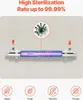 A UV water purifier tube is shown mounted on a textured wall, with a diagram illustrating its sterilization capabilities against viruses. Anteprima dell’immagine prodotto