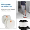 A person is using a cordless vacuum cleaner in a hallway, and there are images of replacement filters. Voir les images du produit