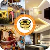 A collage of four images showing different applications of LED strip lights, including outdoor decoration, interior lighting, and party settings, with a central image of a spool of LED lights. Produktbild-Vorschau