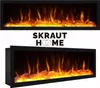 A collage showing an electric fireplace from two different angles, with a brand logo in the middle. Produktbild-Vorschau