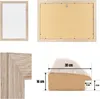A collage of images showing a wooden picture frame from different angles, including a close-up of the corner and a diagram with dimensions. Produktbild-Vorschau