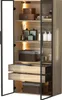 A tall, narrow cabinet with glass doors and wooden drawers, displaying various items on its shelves and inside its drawers. Anteprima dell’immagine prodotto