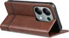 A brown leather flip case for a smartphone is shown from the side, with the phone's camera module visible. Produktbild-Vorschau