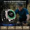 A man is cycling while wearing a smartwatch. The smartwatch display shows the time and battery status. Produktbild-Vorschau