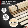 A close-up view of wooden slats, likely for a bed frame, with marketing text and icons. Produktbild-Vorschau