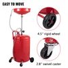 A red oil drain tank with a funnel and wheels, shown with close-up insets of its wheels and a caster. Text highlights features. Náhled obrázku produktu