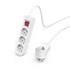 A white power strip with three outlets and a red on/off switch, connected to a white plug adapter, on a white background. Anteprima dell’immagine prodotto