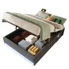 A bed with its storage compartment open, revealing folded linens and other items. The bed has a modern design with LED lighting. Produktbild-Vorschau