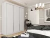 A bedroom scene featuring a large white wardrobe, a bed with dark bedding, a chair with cushions, and decorative elements on the wall. Produktbild-Vorschau