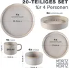A collage of different pieces of a dinnerware set, with text indicating the quantity and dimensions of each item. Produktbild-Vorschau