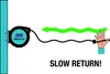 An illustration showing a hose reel attached to a wall, with a hose extending to a hand, and a green arrow indicating a slow return. Produktbild-Vorschau