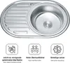 A stainless steel kitchen sink with a drainboard, shown from a top-down perspective, with feature icons and text below. Produktbild-Vorschau