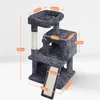 A dark gray cat tree with dimensions indicated by orange lines and text. Produktbild-Vorschau