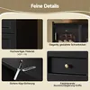 A collage of four close-up images showcasing different features and materials of a black cabinet, with overlaid text describing these details. Produktbild-Vorschau