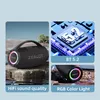 Collage of images showing a black portable speaker with colorful lights, a close-up of a chip with '5.2' on it, and a close-up of the speaker's lights. Náhled obrázku produktu