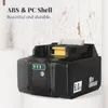 A black power tool battery is displayed on a white pedestal against a textured white background. Produktbild-Vorschau